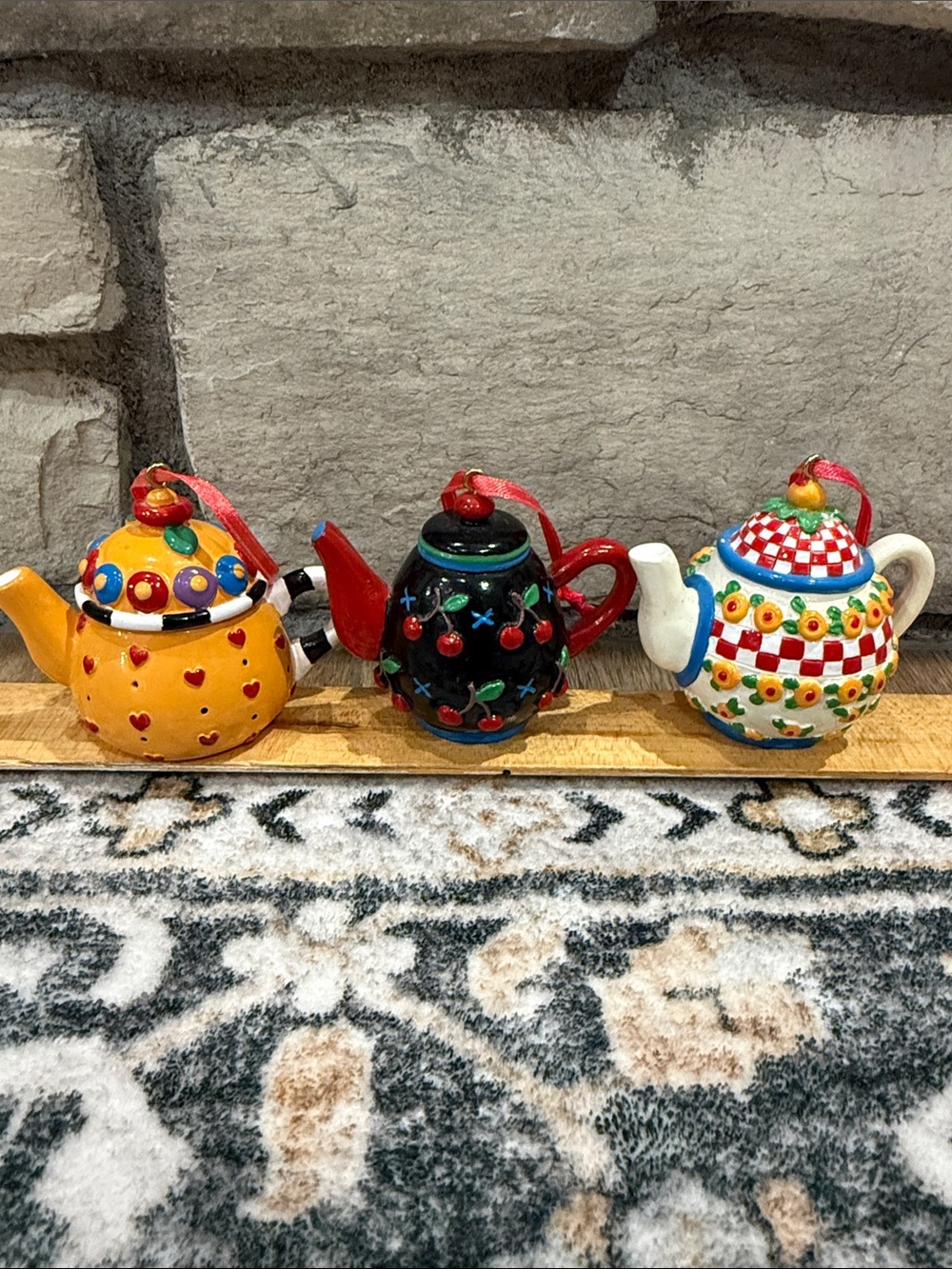 Mary Engelbreit Hand-Painted Teapot Ornaments - Yellow, Black, White